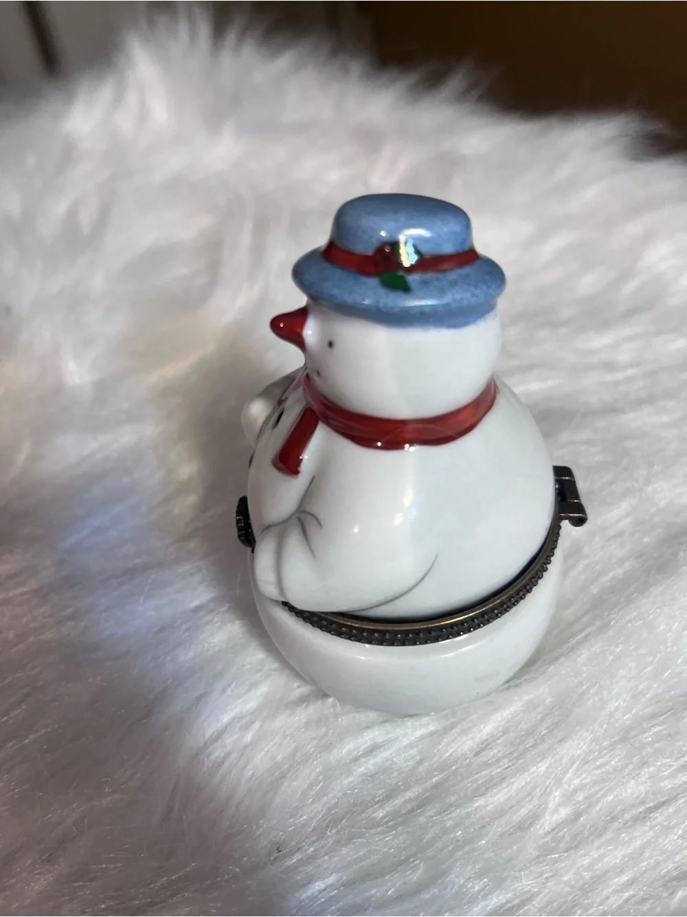 Source Unknown White Snowman Trinket Box with Blue Hat and Red Scarf